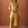 Dhiyona FL Women Mustard Yellow Tissue Blend Hand Embroidered Kurta Set with Dupatta