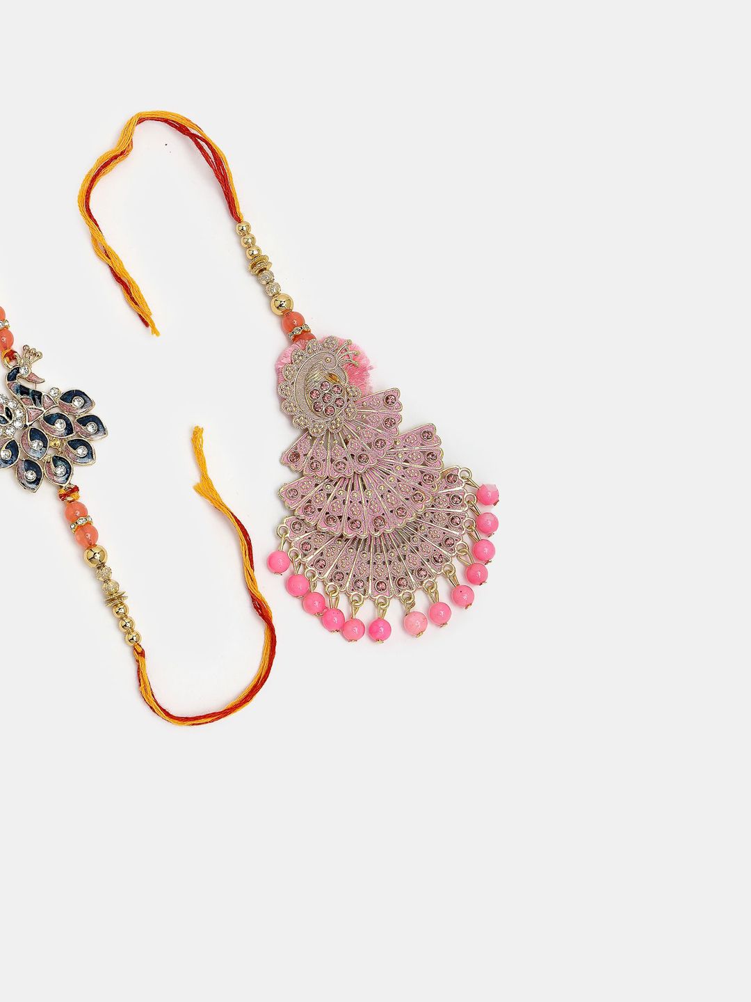 Anouk Unisex Set Of 2 Multicolor Peacock Design Stone & Beaded Bhaiya Bhabhi Rakhi