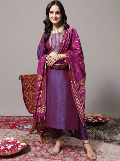 Indyancart VA Women'sGeometric Woven Design Regular Zari Kurta with Trousers & Dupatta