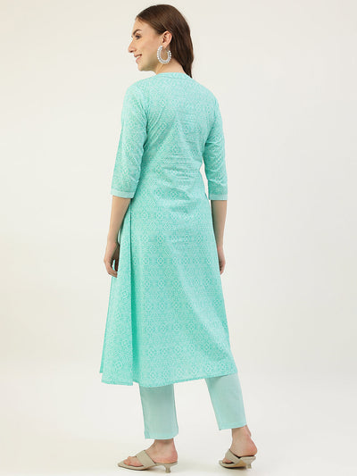 Women's Turquoise A-Line Cotton Kurta with Pant