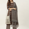 Women's Brown Straight Cotton Kurta With Palazzo And Dupatta
