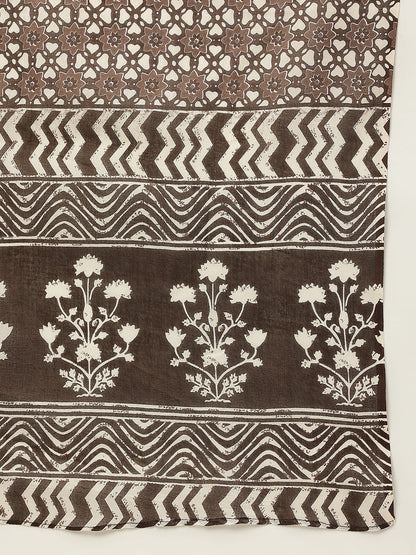 Women's Brown Straight Cotton Kurta With Palazzo And Dupatta