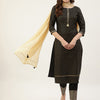 Women's Black Poly Crepe Straight Kurta with Pant and Dupatta