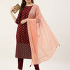 Women's Maroon Poly Crepe Straight Kurta with Pant and Dupatta
