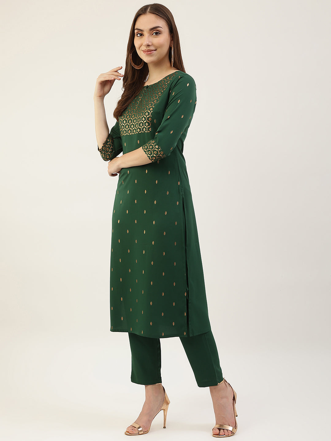 Women's Green Poly Crepe Straight Kurta with Pant and Dupatta