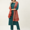 Women's Teal Blue Poly Crepe Straight Kurta with Pant and Dupatta