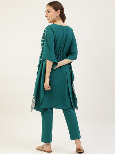 Women's Teal Blue Poly Crepe Kaftan Kurta with Pant