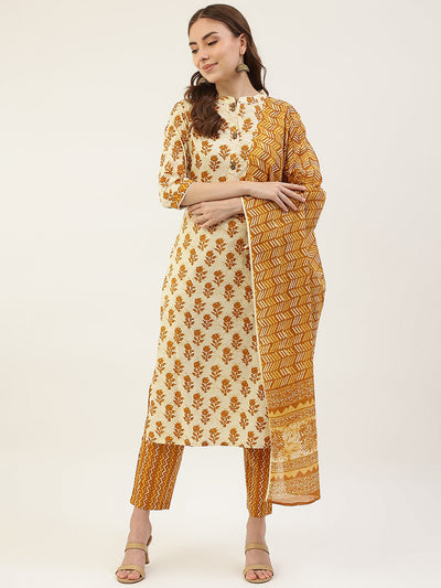 Women's Yellow Cotton Straight Kurta with Pant and Dupatta