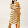Women's Yellow Cotton Straight Kurta with Pant and Dupatta