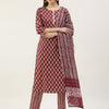 Women's Maroon Cotton Straight Kurta with Pant and Dupatta