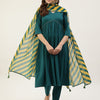 Women's Teal Green Crepe Gathered Flared Kurta with Pant and Dupatta