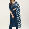 Women's Teal Blue Poly Crepe Straight Kurta with Pant and Dupatta