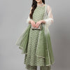 Women's Fern Green Pure Cotton Flared Kurta, Palazzo & Dupatta