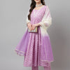 Women's Lavender Pure Cotton Flared Kurta Set With Dupatta