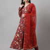 Women's Red Rust Pure Cotton Flared Kurta with Pant and Dupatta