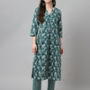 Women's Teal Blue Cotton A-Line Kurta with Pant