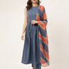 Women's Blue Yonder Poly Crepe A-line Kurta with Pant and Dupatta