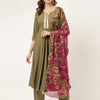 Women's Olive Green Poly Crepe A-line Kurta with Pant and Dupatta
