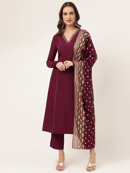 Women's Purple Poly Crepe Flared Kurta with Dupatta and Pant