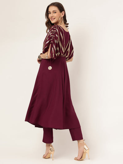 Women's Purple Poly Crepe A-line Kurta with Pant