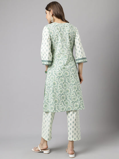 Women's Mint Green Pure Cotton A-line Kurta with Pant