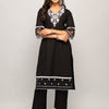 Women's Black Cotton Floral Embroidery Straight Kurta with Palazzo