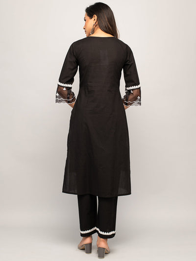Women's Black Cotton Floral Embroidery Straight Kurta with Palazzo