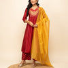 Women's Red Silk Blend A-Line Kurta With Palazzo And Dupatta