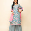 Women's Sky Blue Cotton Straight Kurta with Palazzo And Dupatta