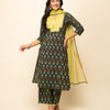 Women's Green Cotton Straight Kurta With Palazzo And Dupatta