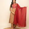 Women's Brown Cotton A-line Kurta with Pant and Dupatta