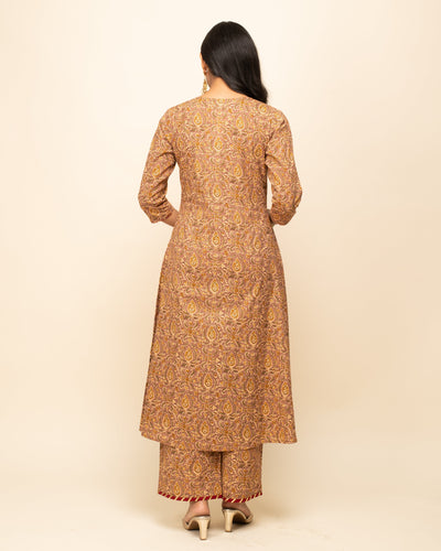 Women's Brown Cotton A-line Kurta with Pant and Dupatta