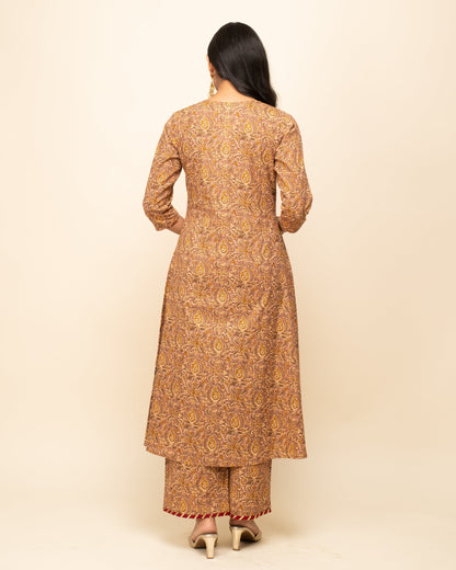 Women's Brown Cotton A-line Kurta with Pant and Dupatta