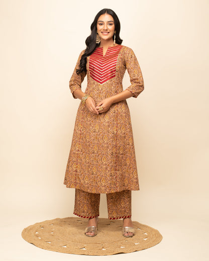 Women's Brown Cotton A-line Kurta with Pant and Dupatta