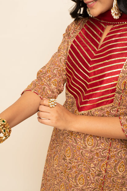 Women's Brown Cotton A-line Kurta with Pant and Dupatta