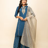 Women's Teal Blue Silk Blend Straight Kurta With Palazzo And Dupatta