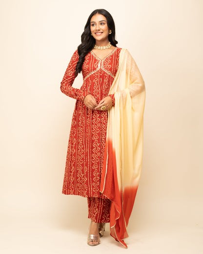 Women's Red Cotton A-Line Kurta With Pant And Dupatta