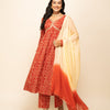 Women's Red Cotton A-Line Kurta With Pant And Dupatta