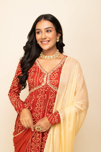 Women's Red Cotton A-Line Kurta With Pant And Dupatta