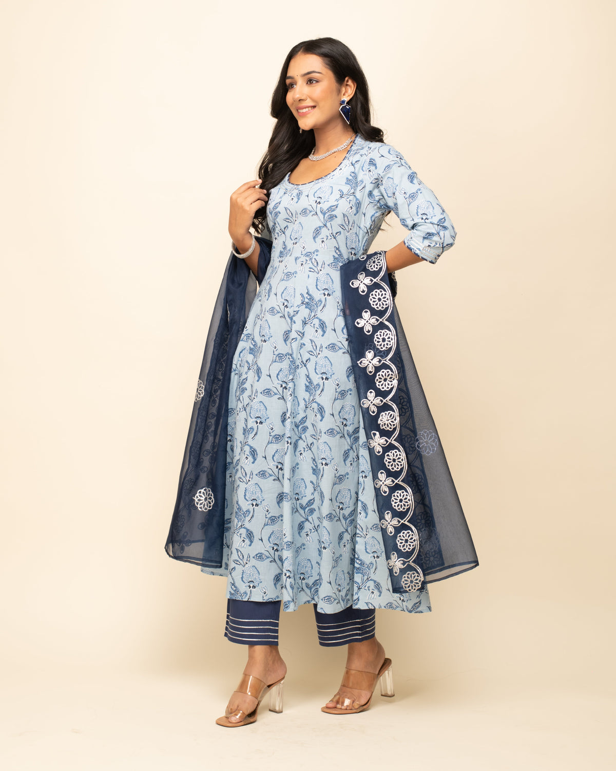 Women's Light blue Cotton Flared Kurta Pant with Dupatta