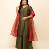Women's Green Silk Blend Straight Kurta With Palazzo And Dupatta