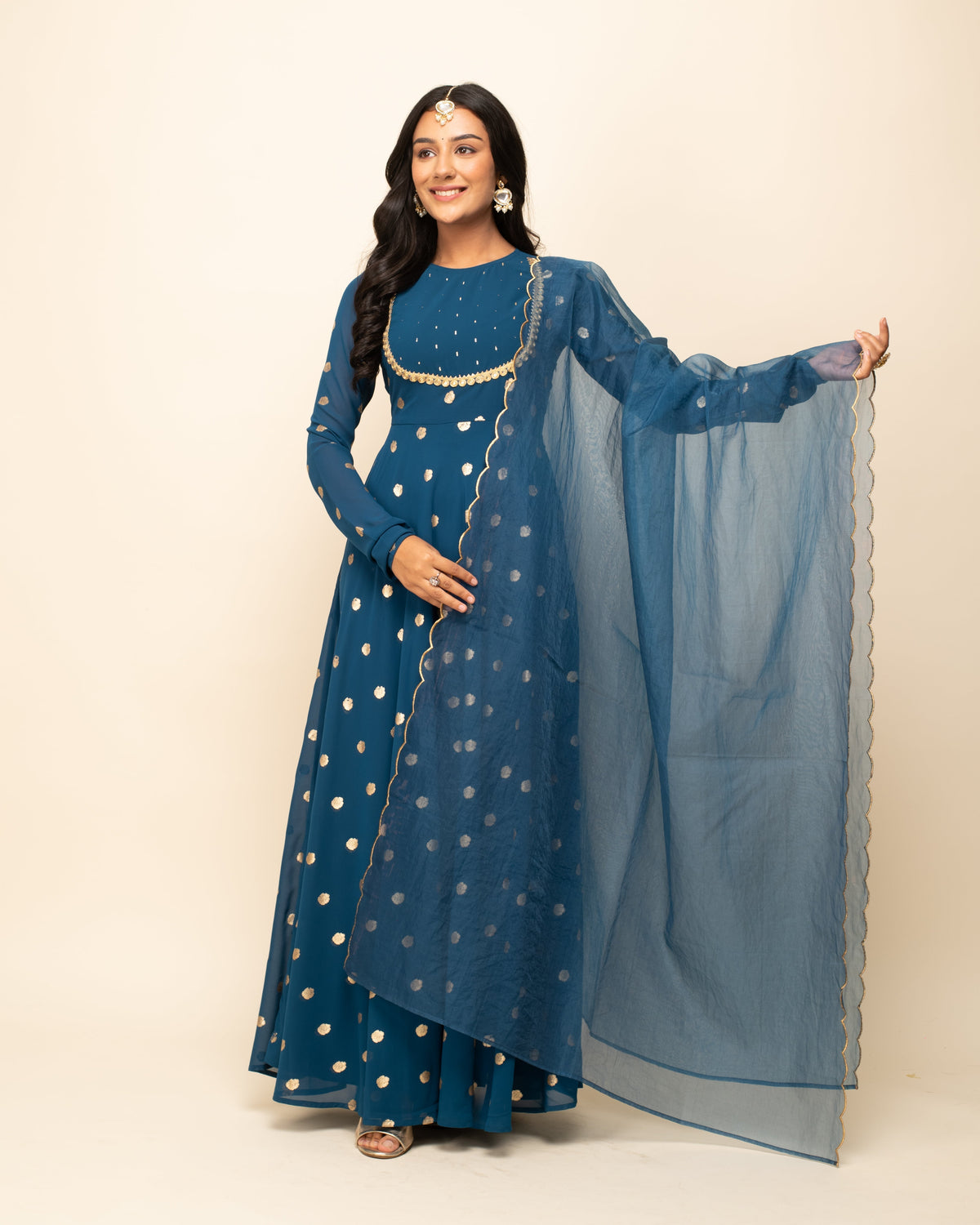 Women's Teal Blue Georgette Printed Gown With Dupatta