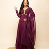 Women's Wine Georgette Printed Gown With Dupatta