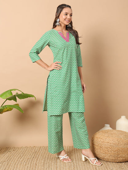 Dhiyona FL Women's Sea Green Cotton Straight Kurta Set