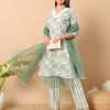 Women's Light Green Cotton Straight Kurta and Pant With Dupatta