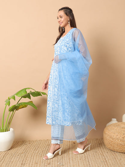 Women's Sky Blue Cotton A-line Kurta and Pant With Dupatta