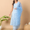 Women's Sky Blue Cotton A-line Kurta and Pant With Dupatta
