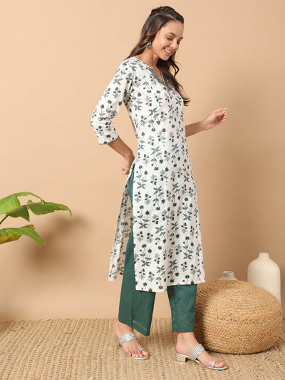 Indyancart FL Women's White Cotton Straight Kurta Set