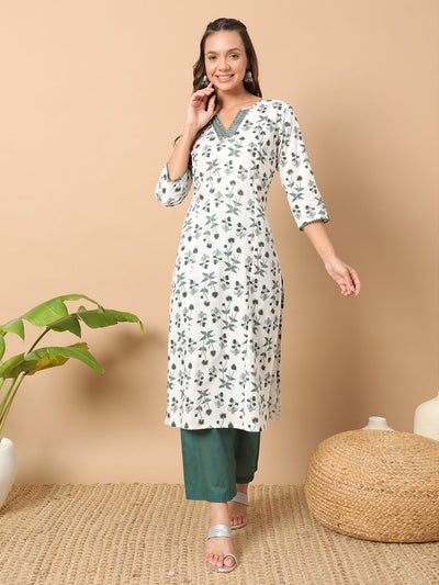 Indyancart FL Women's White Cotton Straight Kurta Set