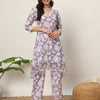 Women's Lavender Cotton Blend Printed Tunic With Trouser Kurta set
